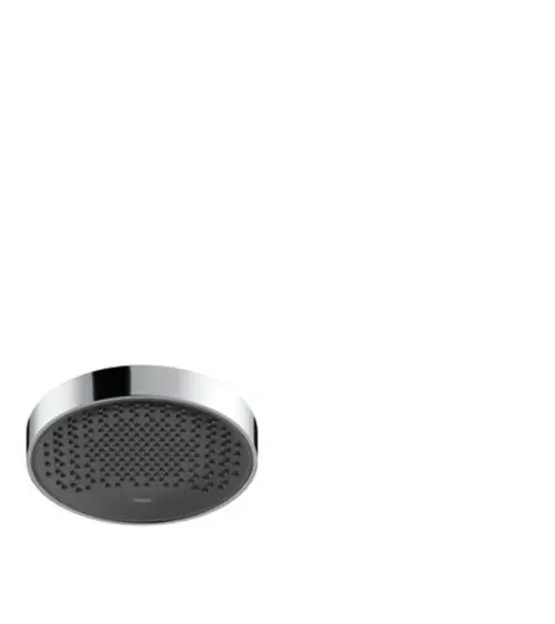 Runde, flache Kopfbrause in Chrom von Hansgrohe mit konischer Form und kleinen Wasseröffnungen für einen gleichmäßigen Wasserfluss.
